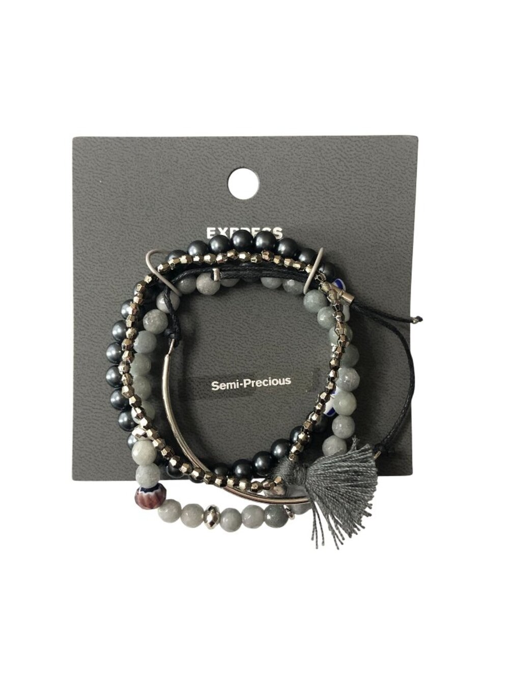 Express Semi-Precious Bracelet Set Layered Design Gunmetal And Gray Stone Beads